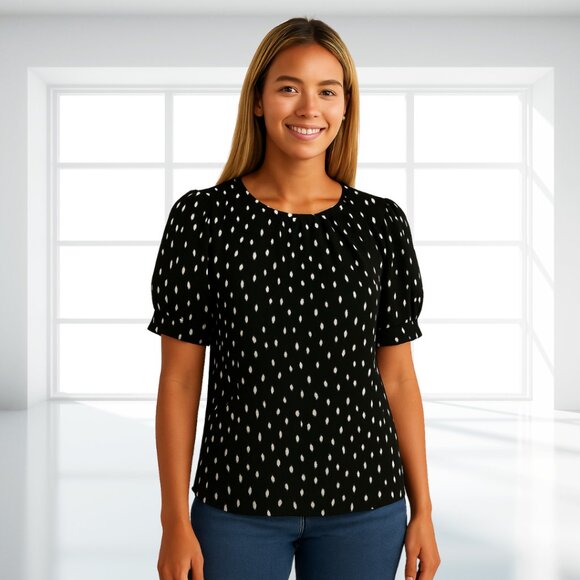 Worthington Black & White Smear Dot Puff Sleeve Top Size Medium | Trendy & Chic - Picture 1 of 11